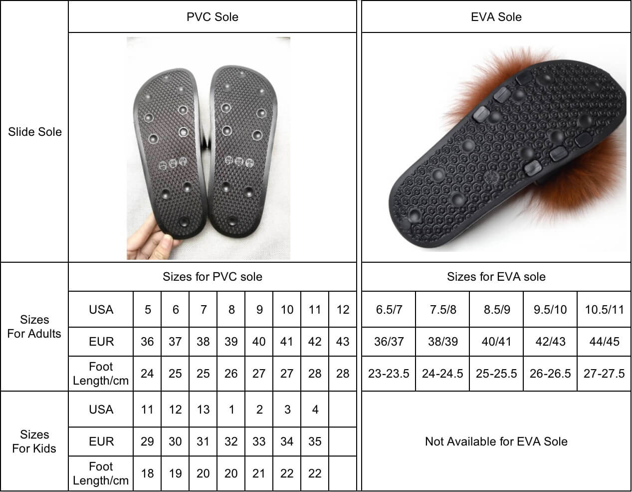 pvc eva fur slides sole and sizes