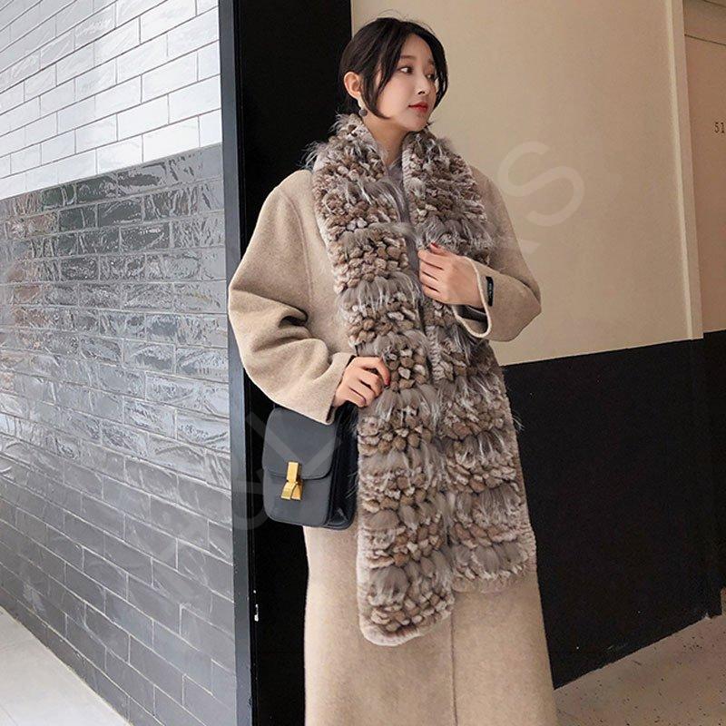 HL9W070 Rex rabbit knitted scarf with fox trimming (1)