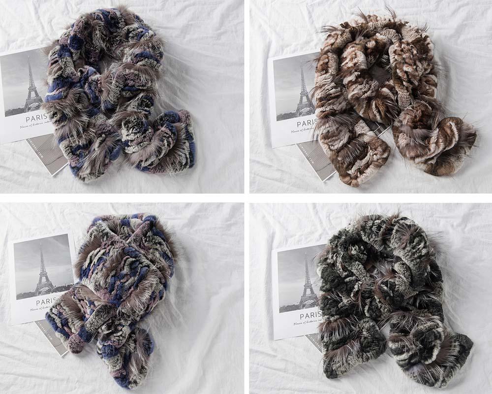 HL9W070 Rex rabbit knitted scarf with fox trimming (3)