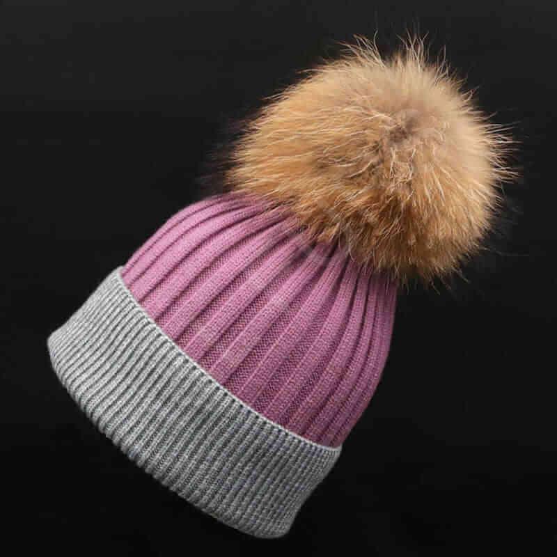 HL20C001 Knitted Hats For Women Large Raccoon Fur Pompom-2