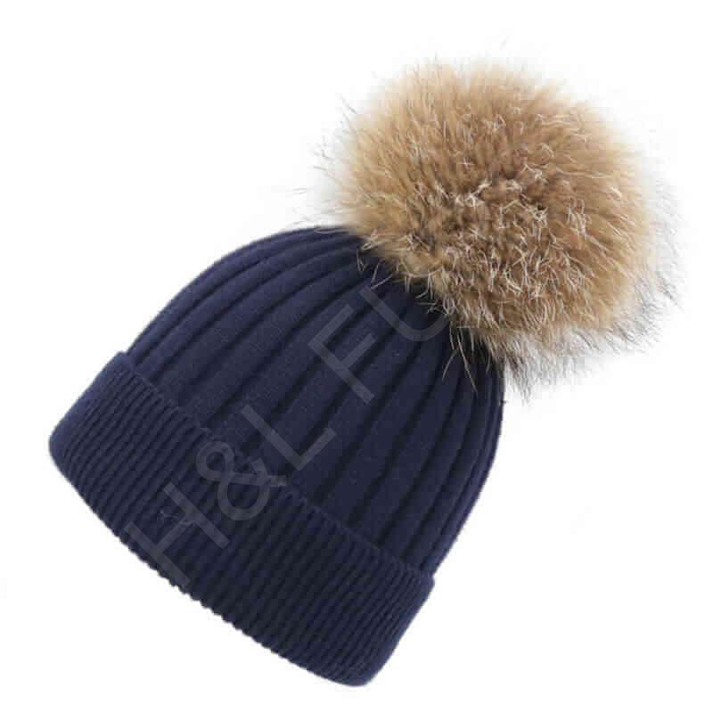HL20C001 Knitted Hats For Women Large Raccoon Fur Pompom-5