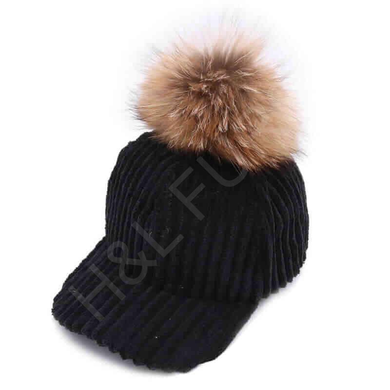 HL20C002 Baseball Cap Girl Fashional Hat With Real Fur Ball-1