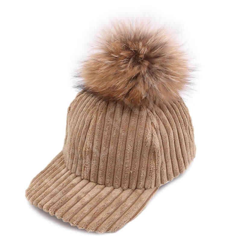 HL20C002 Baseball Cap Girl Fashional Hat With Real Fur Ball-3