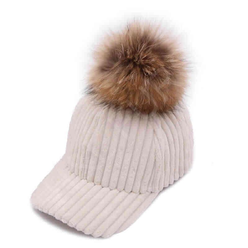 HL20C002 Baseball Cap Girl Fashional Hat With Real Fur Ball-5