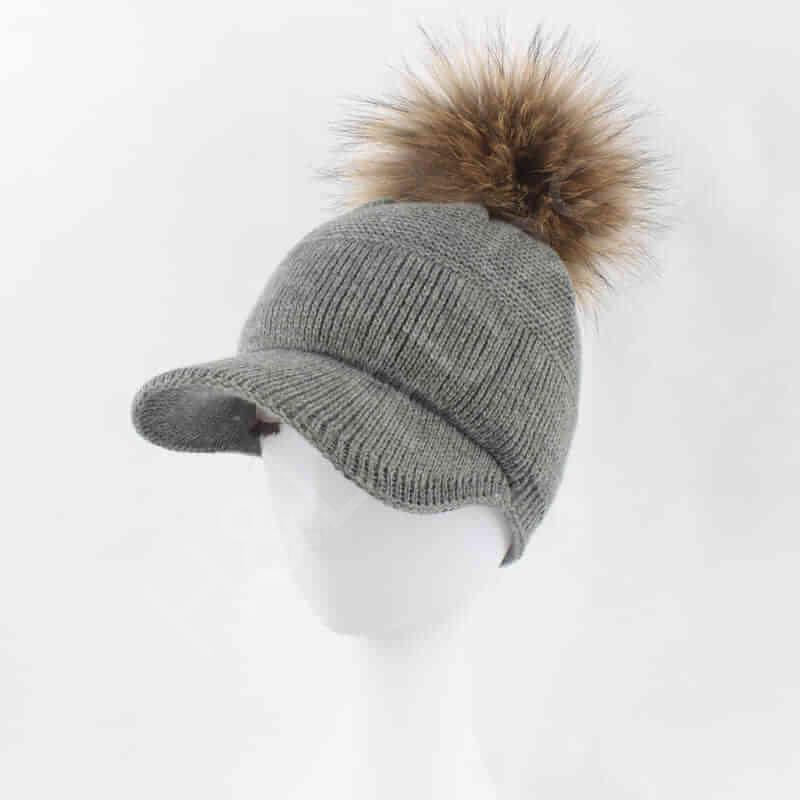 HL20C003 Knit Wool Hat With Real Fur Pompom-4