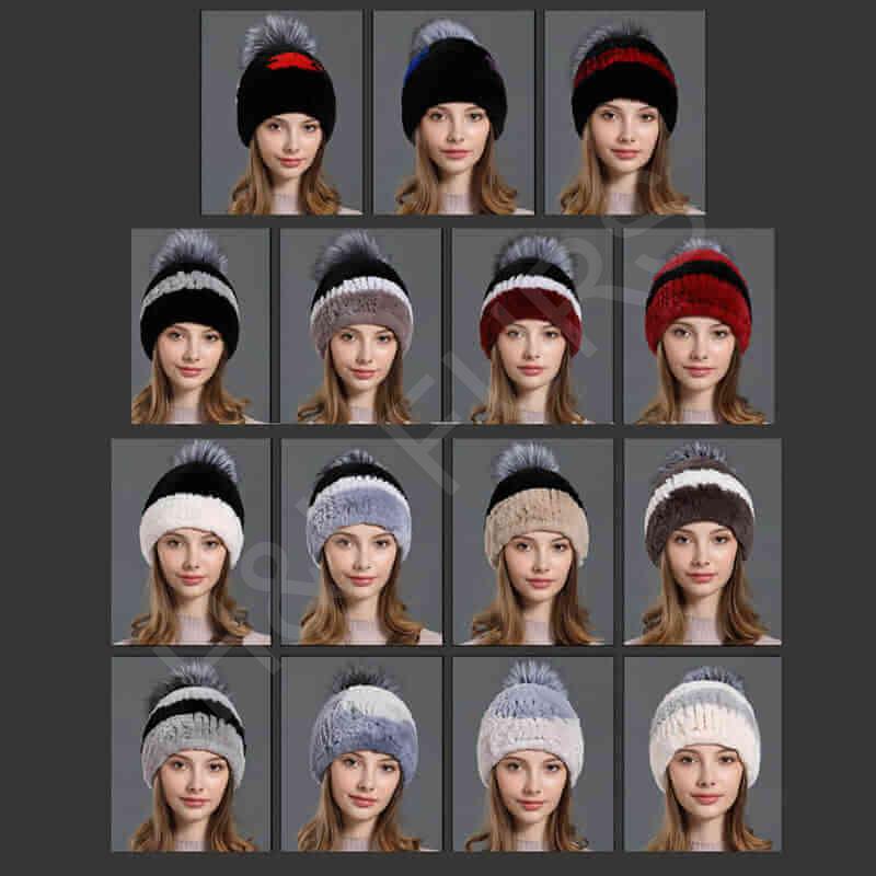 HL20C016 Knitted 100% Rex Rabbit Fur Ball Cap-1