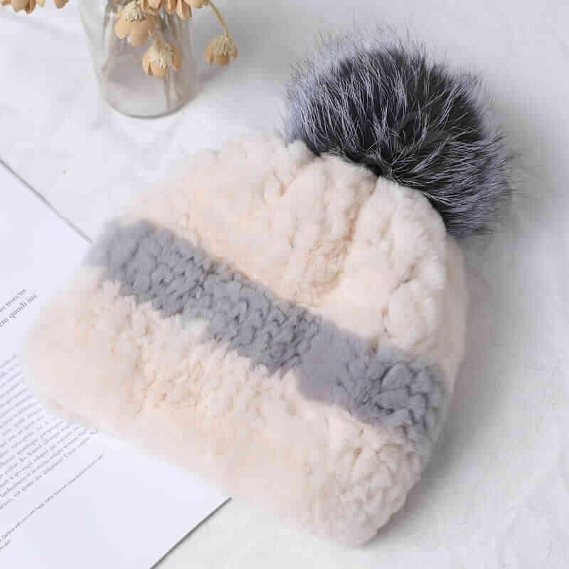 HL20C016 Knitted 100% Rex Rabbit Fur Ball Cap-10