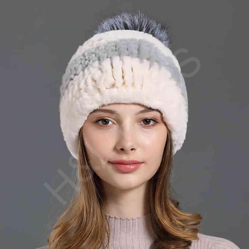 HL20C016 Knitted 100% Rex Rabbit Fur Ball Cap-11