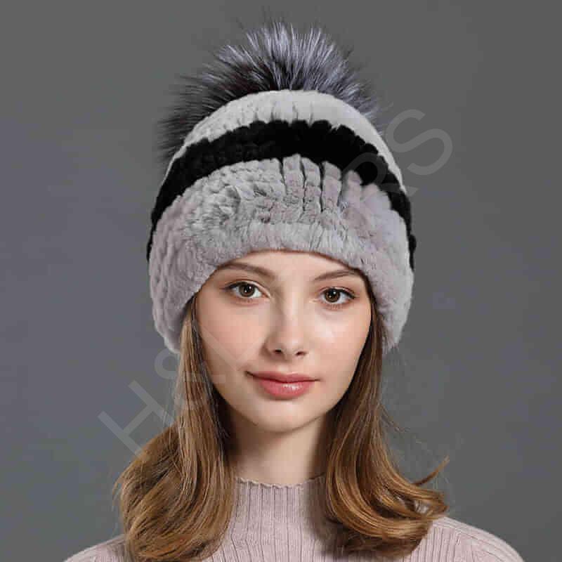 HL20C016 Knitted 100% Rex Rabbit Fur Ball Cap-12