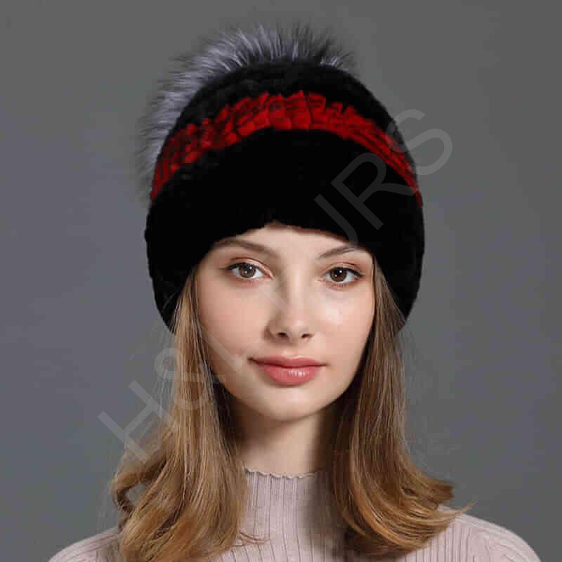 HL20C016 Knitted 100% Rex Rabbit Fur Ball Cap-2