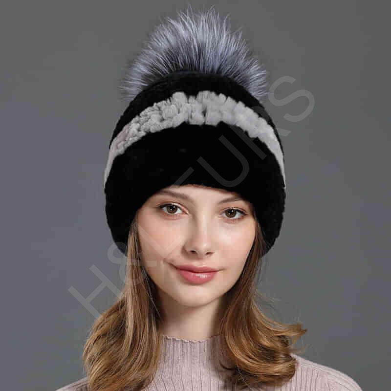 HL20C016 Knitted 100% Rex Rabbit Fur Ball Cap-3