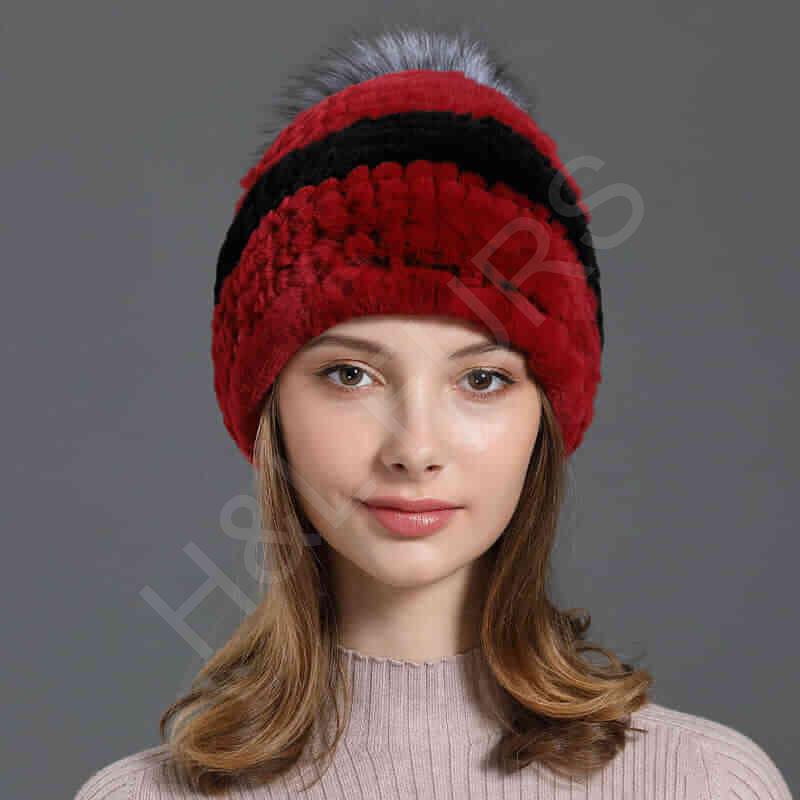 HL20C016 Knitted 100% Rex Rabbit Fur Ball Cap-4