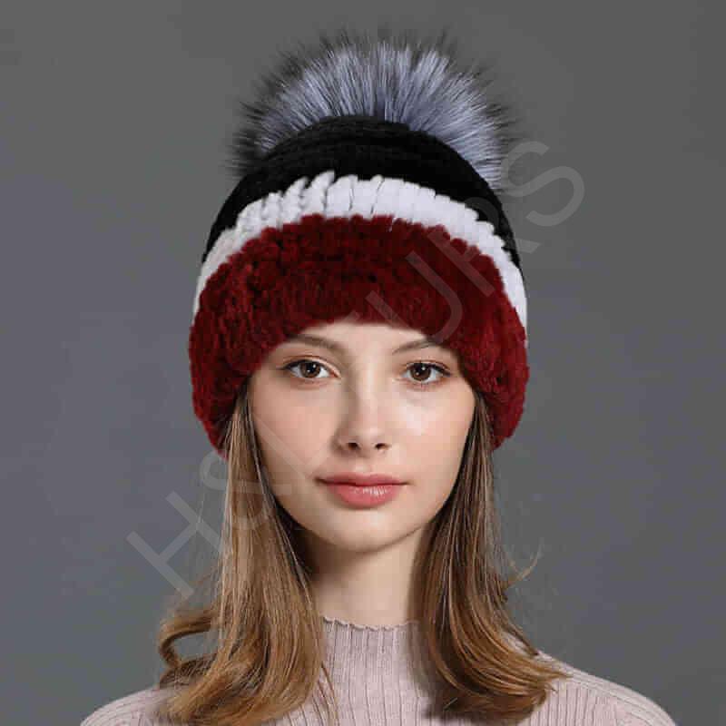 HL20C016 Knitted 100% Rex Rabbit Fur Ball Cap-5