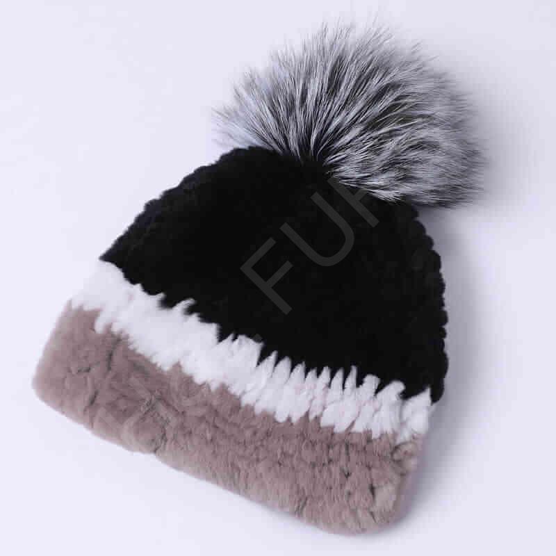 HL20C016 Knitted 100% Rex Rabbit Fur Ball Cap-6