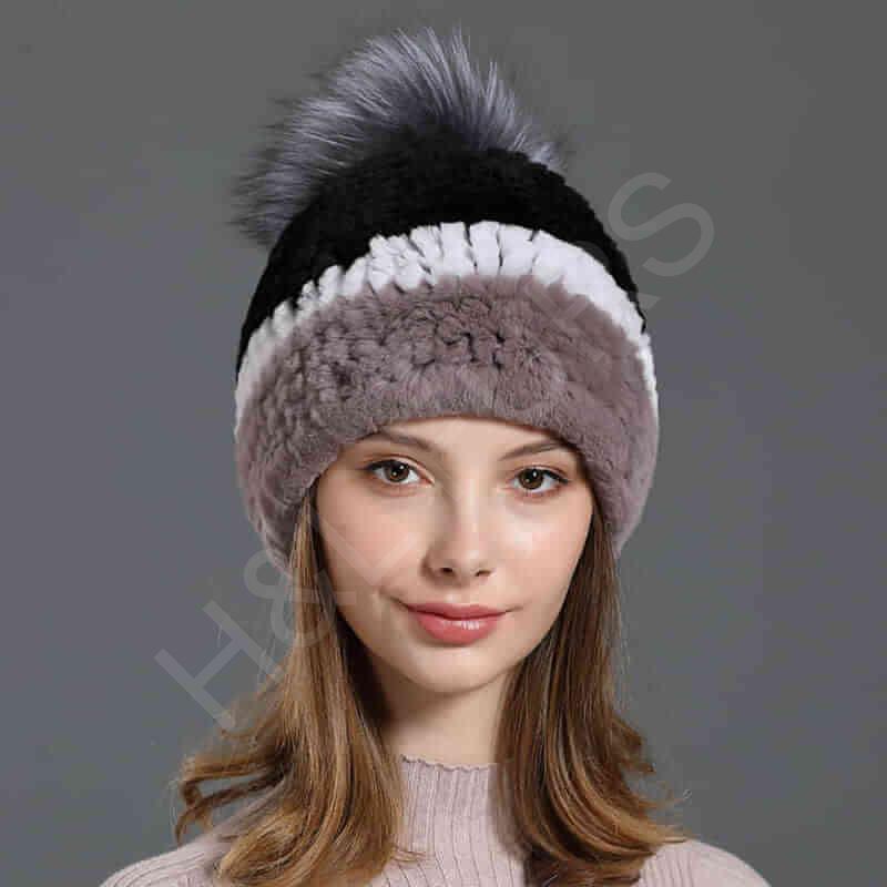 HL20C016 Knitted 100% Rex Rabbit Fur Ball Cap-7