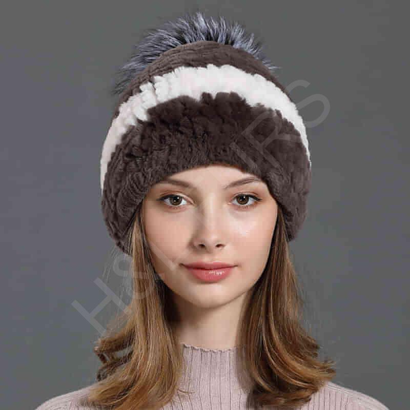 HL20C016 Knitted 100% Rex Rabbit Fur Ball Cap-9