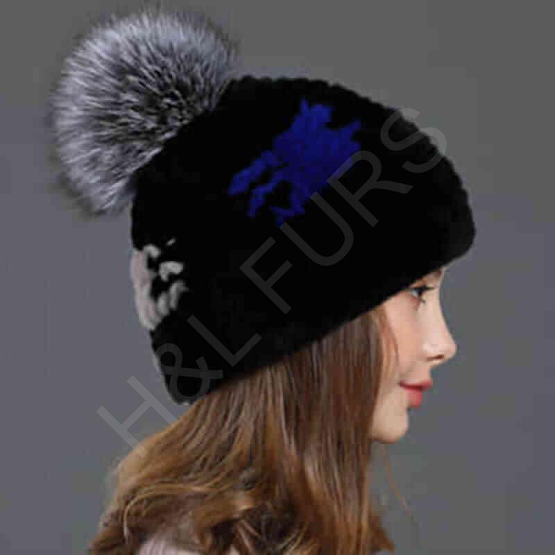 HL20C017 Real Rex Rabbit Fur Beanies Hat With Custom Design-2