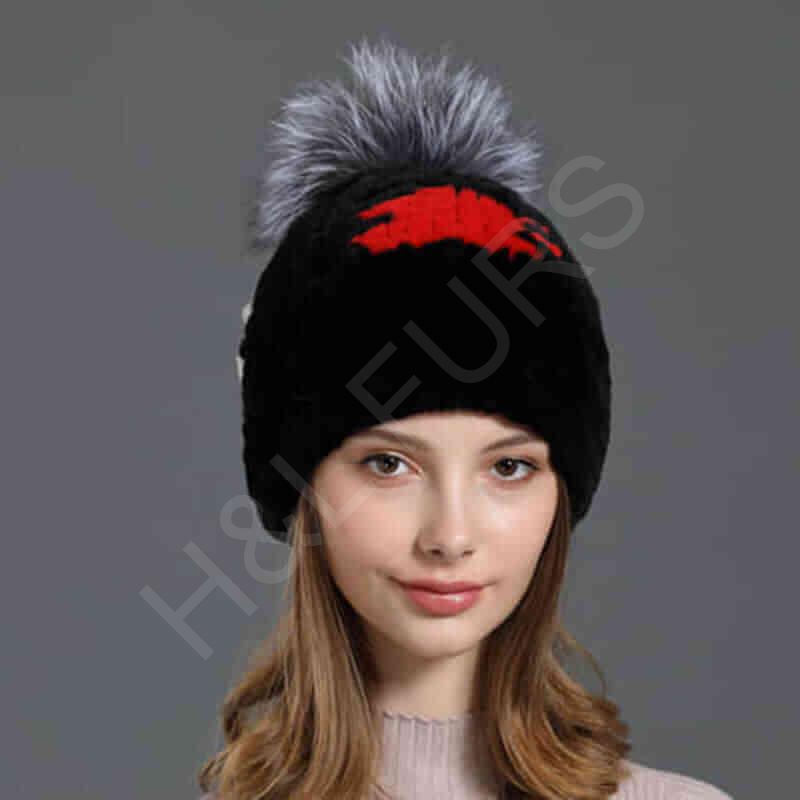 HL20C017 Real Rex Rabbit Fur Beanies Hat With Custom Design-4