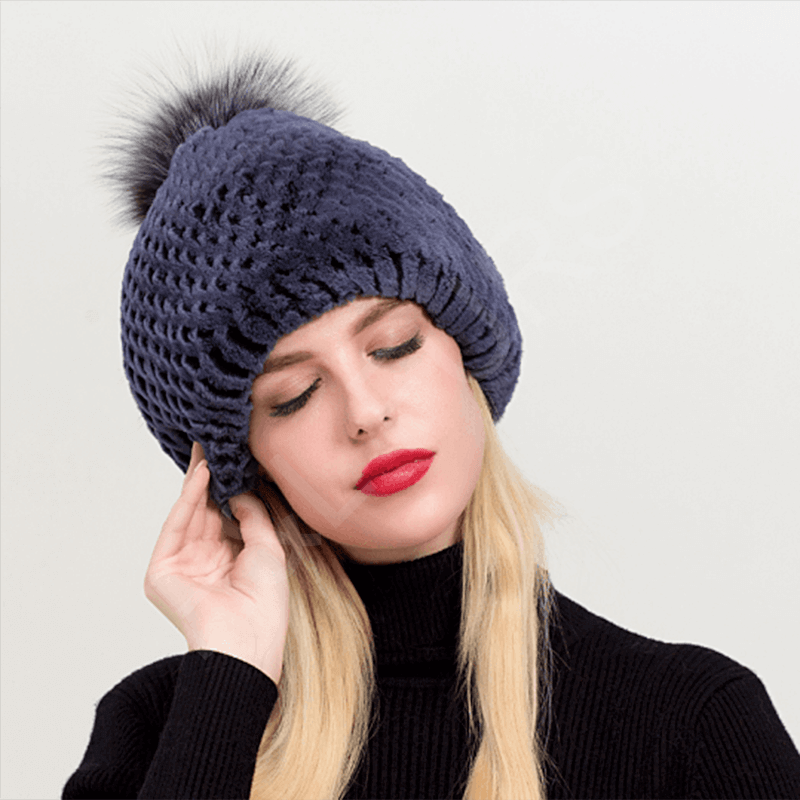 HL20C019 real rex rabbit fur hat with fox fur pompom-1