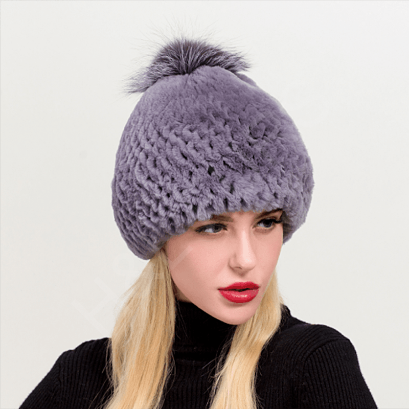 HL20C019 real rex rabbit fur hat with fox fur pompom-3