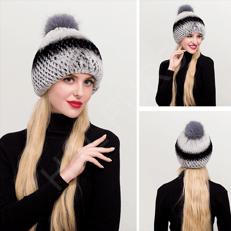 HL20C019 real rex rabbit fur hat with fox fur pompom-4