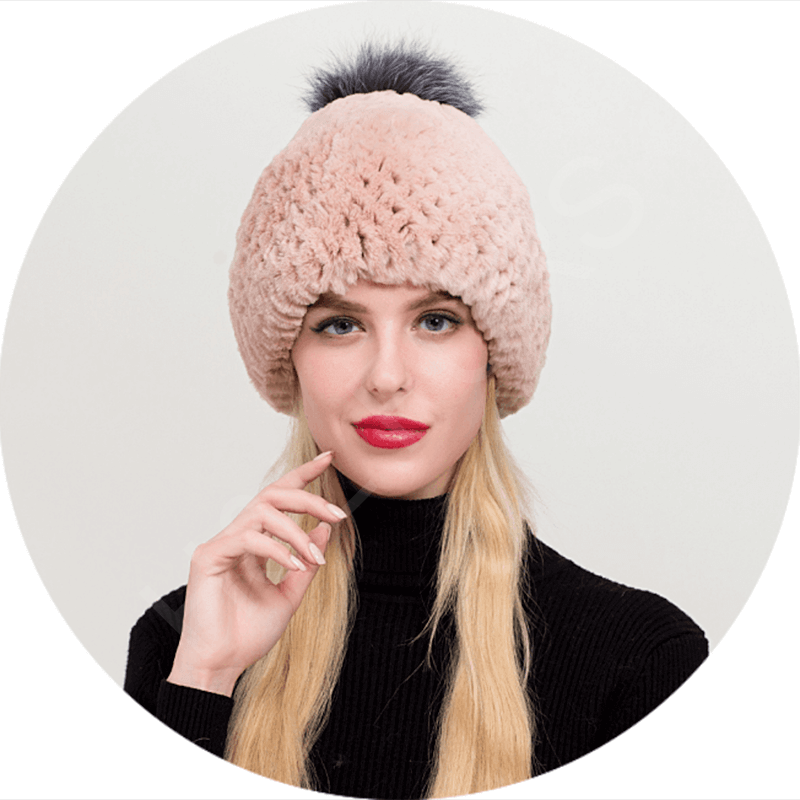 HL20C019 real rex rabbit fur hat with fox fur pompom-5