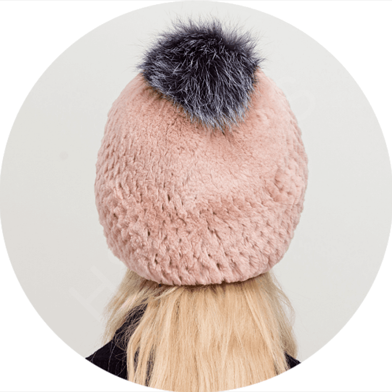 HL20C019 real rex rabbit fur hat with fox fur pompom-6