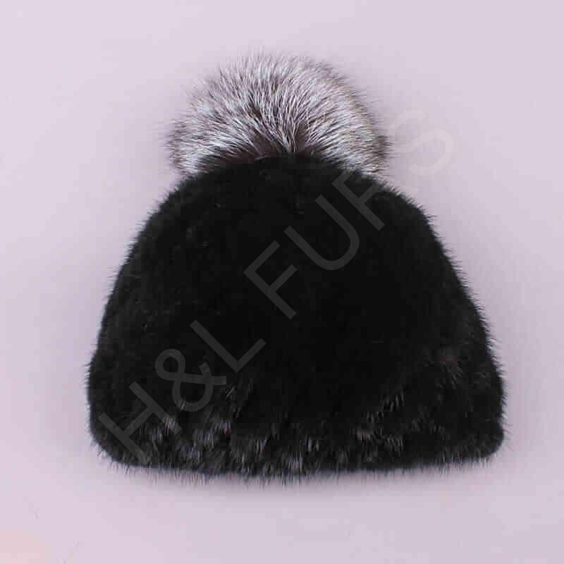 HL7C003 Silver Fox Fur Pompom Mink Knitted Beanie Hat-1