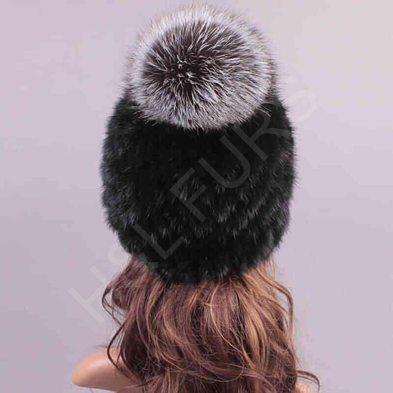 HL7C003 Silver Fox Fur Pompom Mink Knitted Beanie Hat-2
