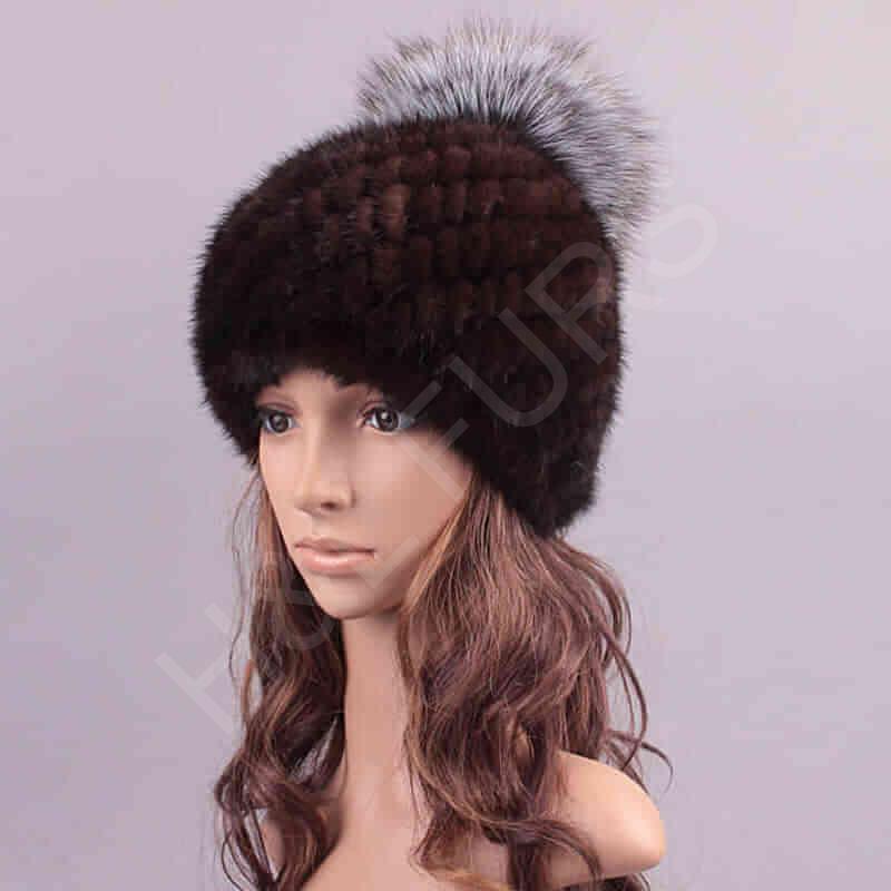 HL7C003 Silver Fox Fur Pompom Mink Knitted Beanie Hat-3