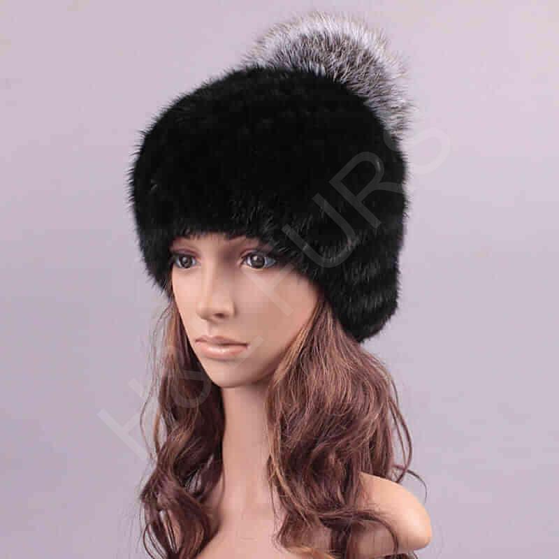 HL7C003 Silver Fox Fur Pompom Mink Knitted Beanie Hat-4