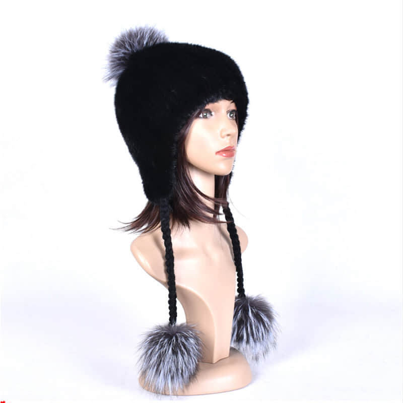 Real Mink Fur Knitted Hat with Three Fox Pompom Wholesale HL20C009-B