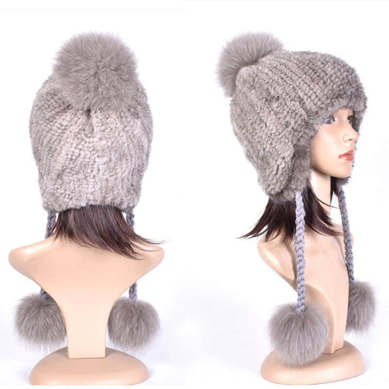 Real Mink Fur Knitted Hat with Three Fox Pompom Wholesale HL20C009