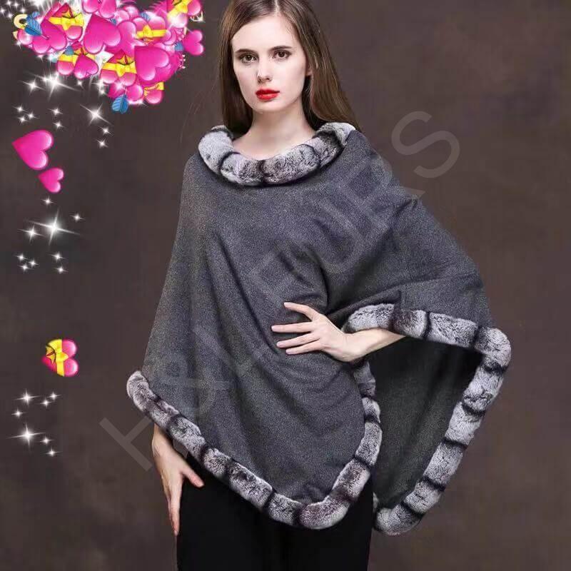 Cashmere cape Rex rabbit fur poncho HL20W068-B Cashmere cape Rex rabbit fur poncho HL20W068-B
