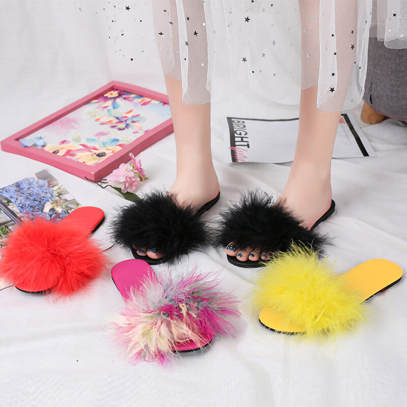 Beautiful Turkey Feather Fur Slippers Real Fur Slides Wholesale HL20X004