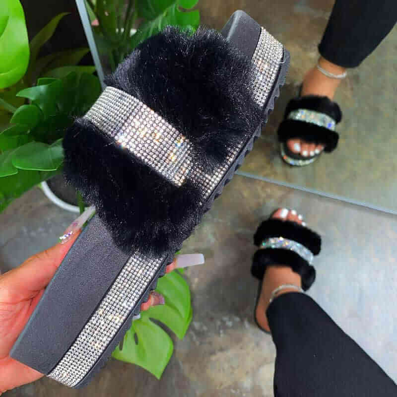 Fashion Faux Fur Slides Women High Heel Slippers Bling Diamond Sandals ...