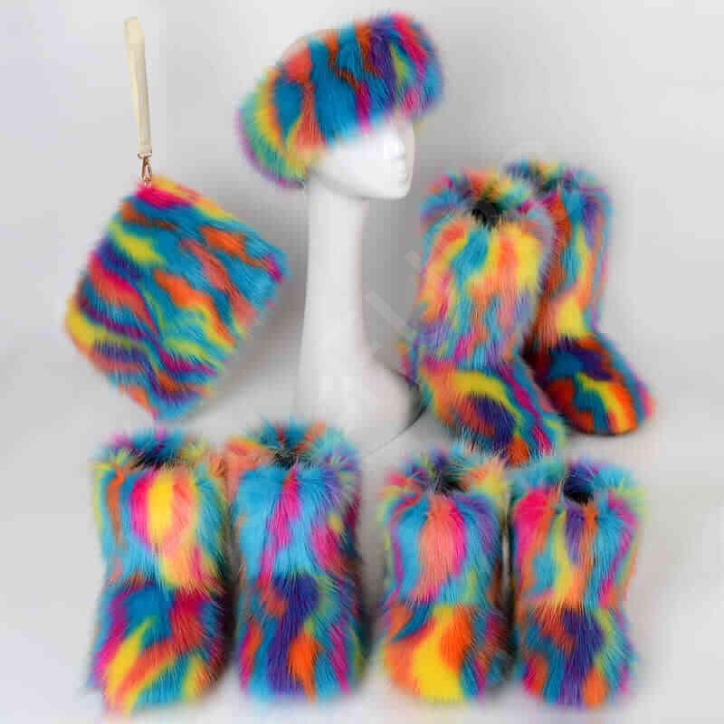 HL20FX027-1 Rainbow Faux Fur Boots with Matching Fur Purse and Headband