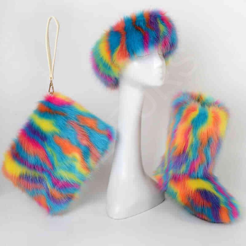 HL20FX027-2 Rainbow Faux Fur Boots with Matching Fur Purse and Headband