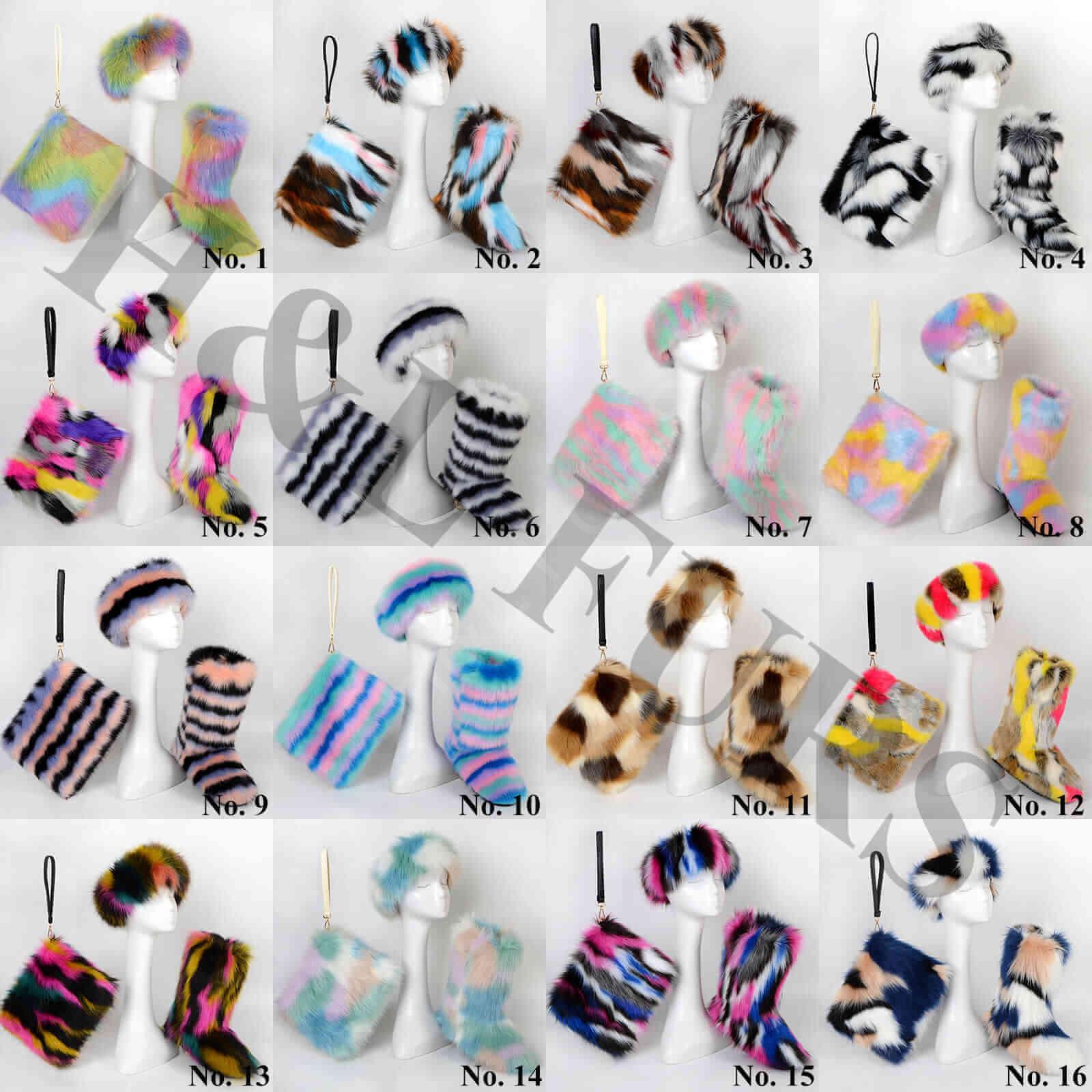 HL20FX027-3 Rainbow Faux Fur Boots with Matching Fur Purse and Headband