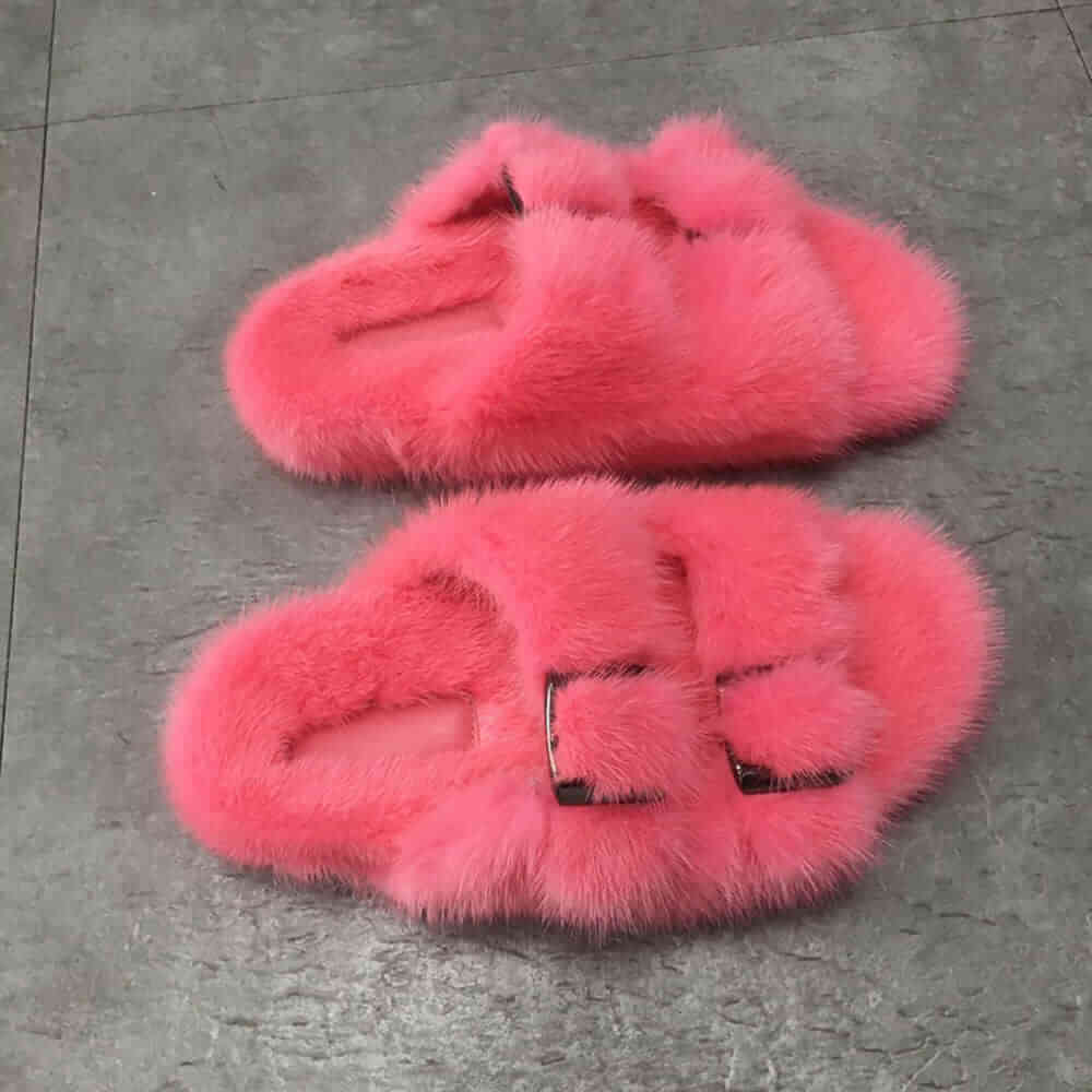 Real Fur Slides in Pink Mink Full Skin Rubber Fur Slippon 