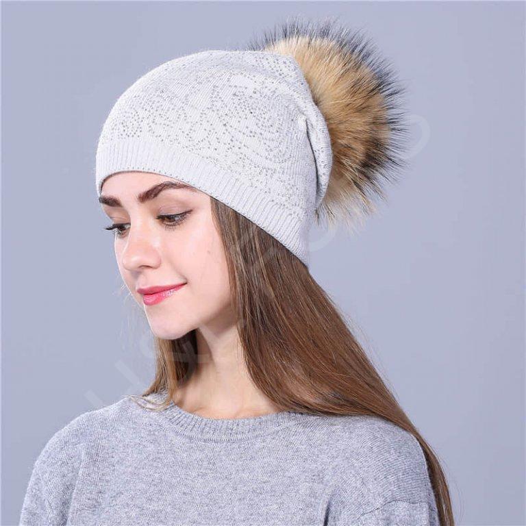 Wholesale Bling-bling Rhinestone Beanie Hat with Fur Ball On Top – Fur ...