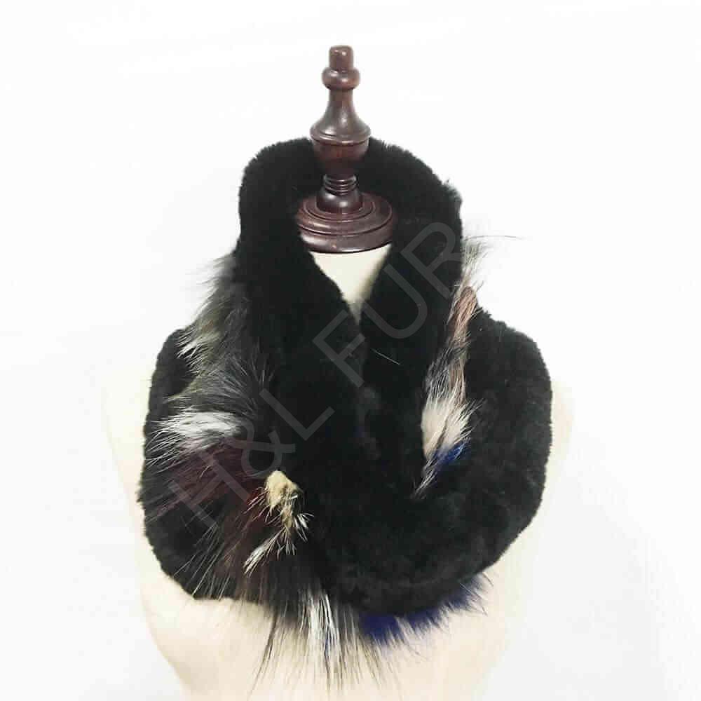 HL9W041 Rex Rabbit Fur Scarf with Fox Trim-3