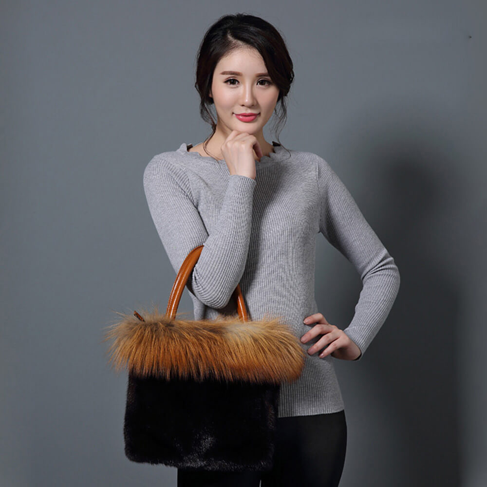 Women's Real Mink Fur Handbag Real Leather Bag Tote Bag Crossbody Shoulder  Bag